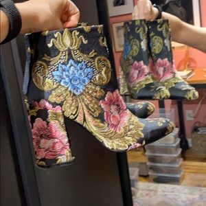 Shelly's London embroidered block heel booties